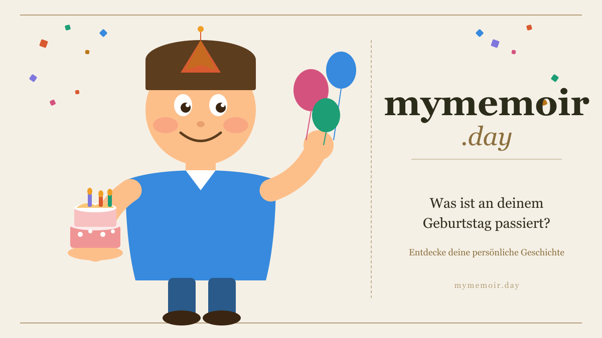 Was ist an meinem Geburtstag passiert? Cartoon-Charakter mit Geburtstagstorte neben mymemoir.day Logo